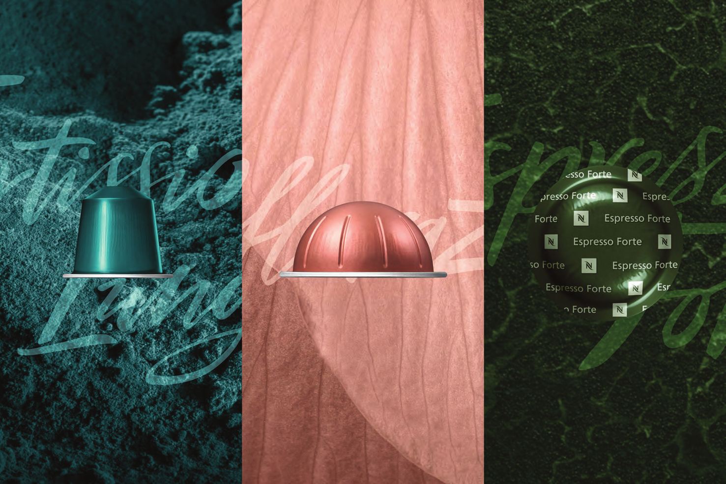 Trois panneaux verticaux : une capsule turquoise sur du marc de café, une capsule dôme rose sur un pétale, un panneau vert où se répète le lockup Espresso Forte.