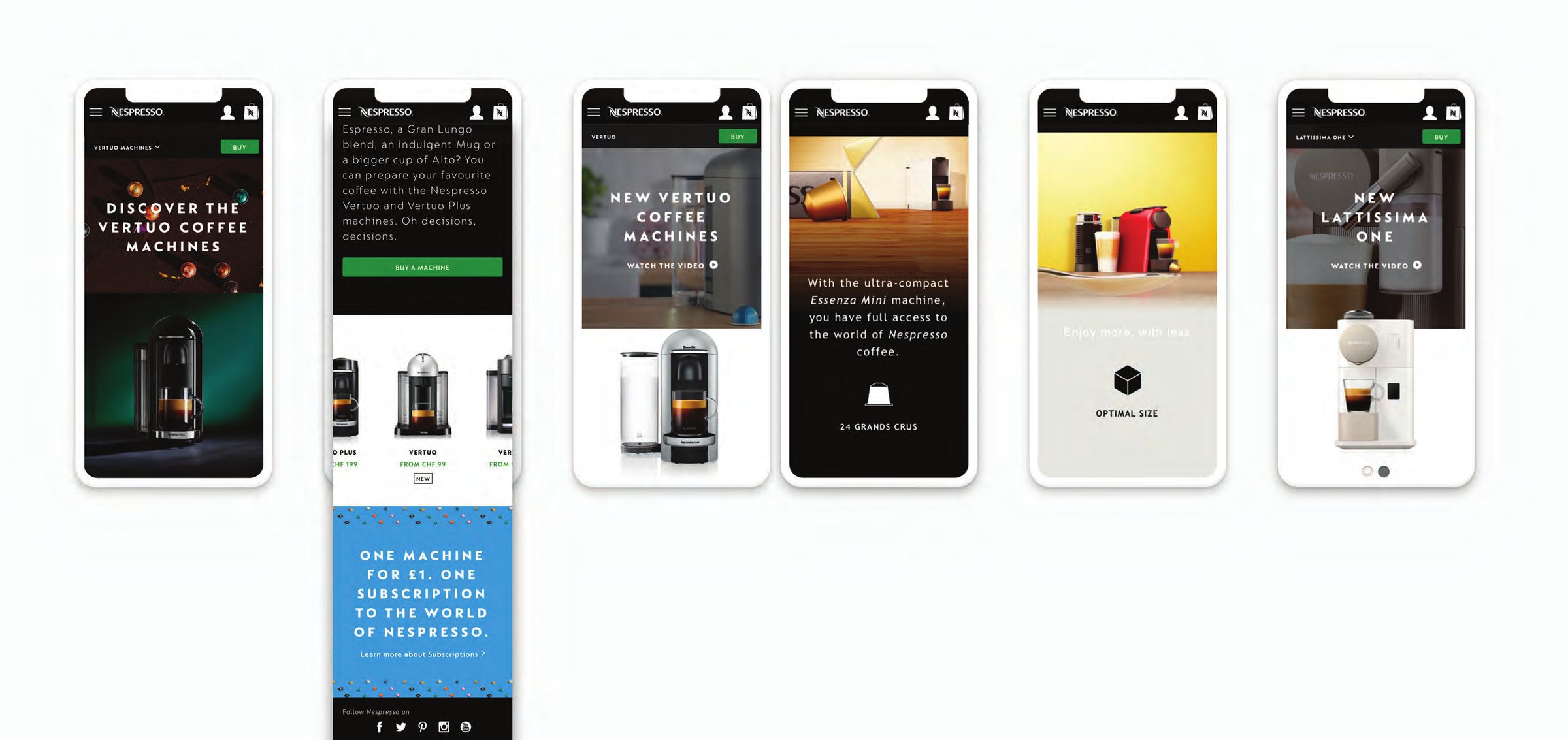 Six écrans mobiles côte à côte : le hub Vertuo, la page machine Vertuo, l’Essenza Mini et la Lattissima One.