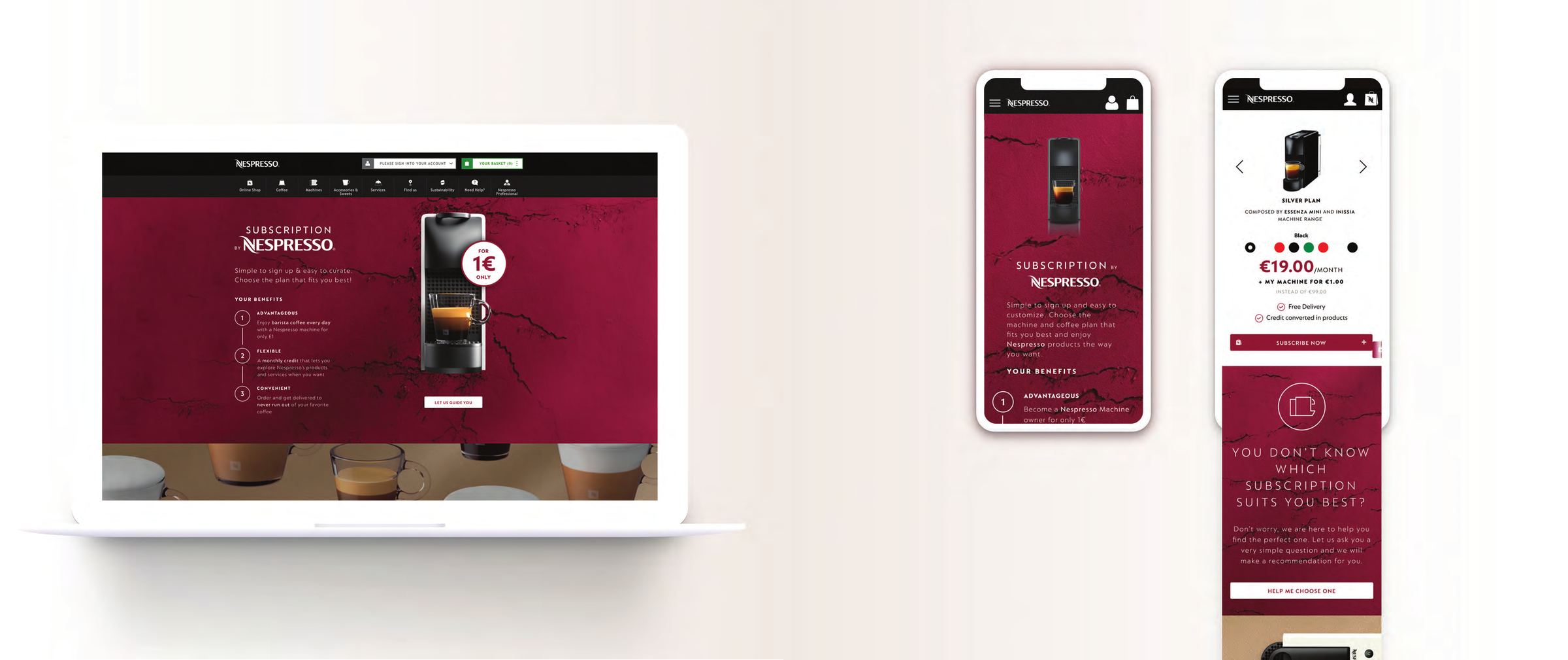 La page d’abonnement sur ordinateur portable, à côté de deux écrans mobiles montrant le choix de formule et le prix mensuel.