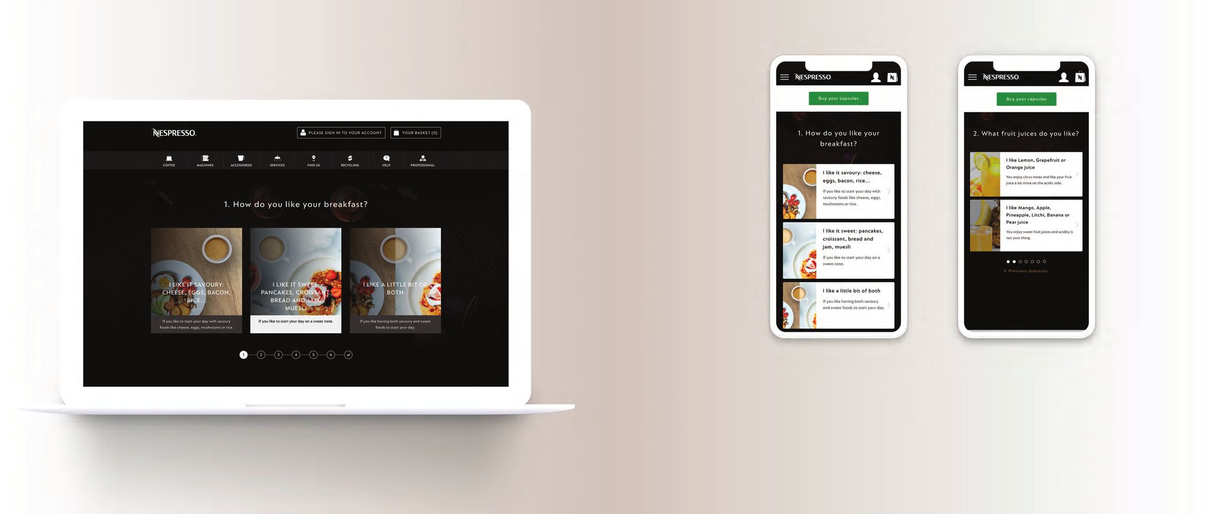 Le questionnaire Coffee Selector sur ordinateur portable et sur deux écrans mobiles, qui interroge sur le petit-déjeuner et sur les jus de fruits.