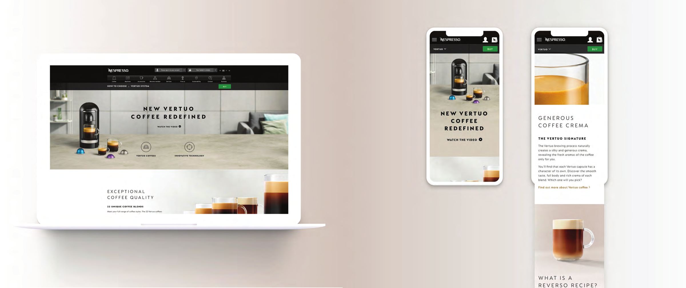 La page système Vertuo sur ordinateur portable et sur deux écrans mobiles, consacrés à la signature crema et à une recette.