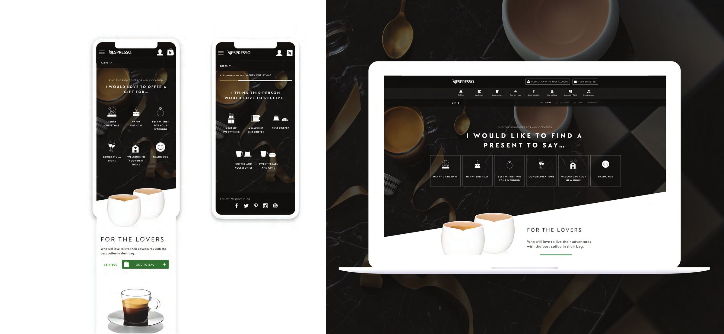 Le sélecteur de cadeaux : deux écrans mobiles montrant les grilles d’occasions et de destinataires, à côté de la version desktop sur un décor de marbre sombre.