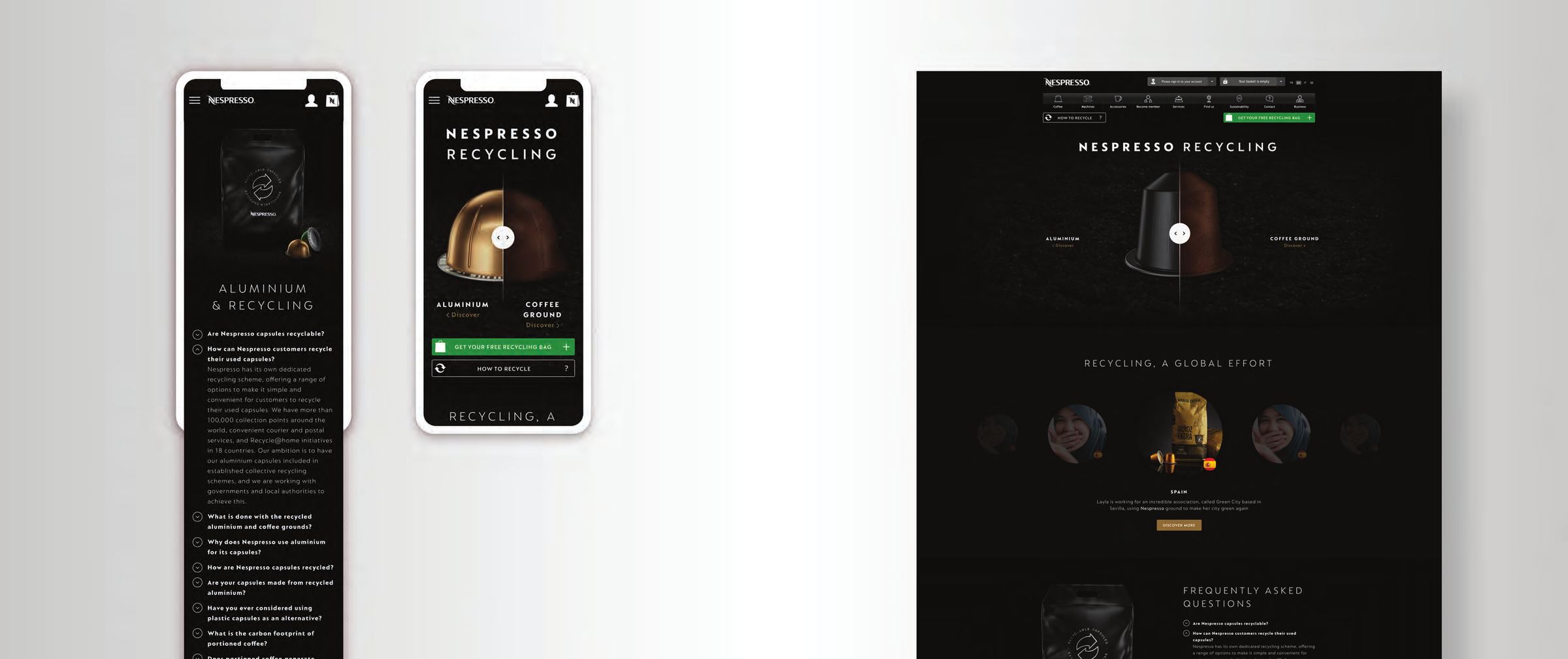 La page recyclage sur deux écrans mobiles et en desktop, montrant une capsule coupée en deux, aluminium d’un côté, marc de café de l’autre.