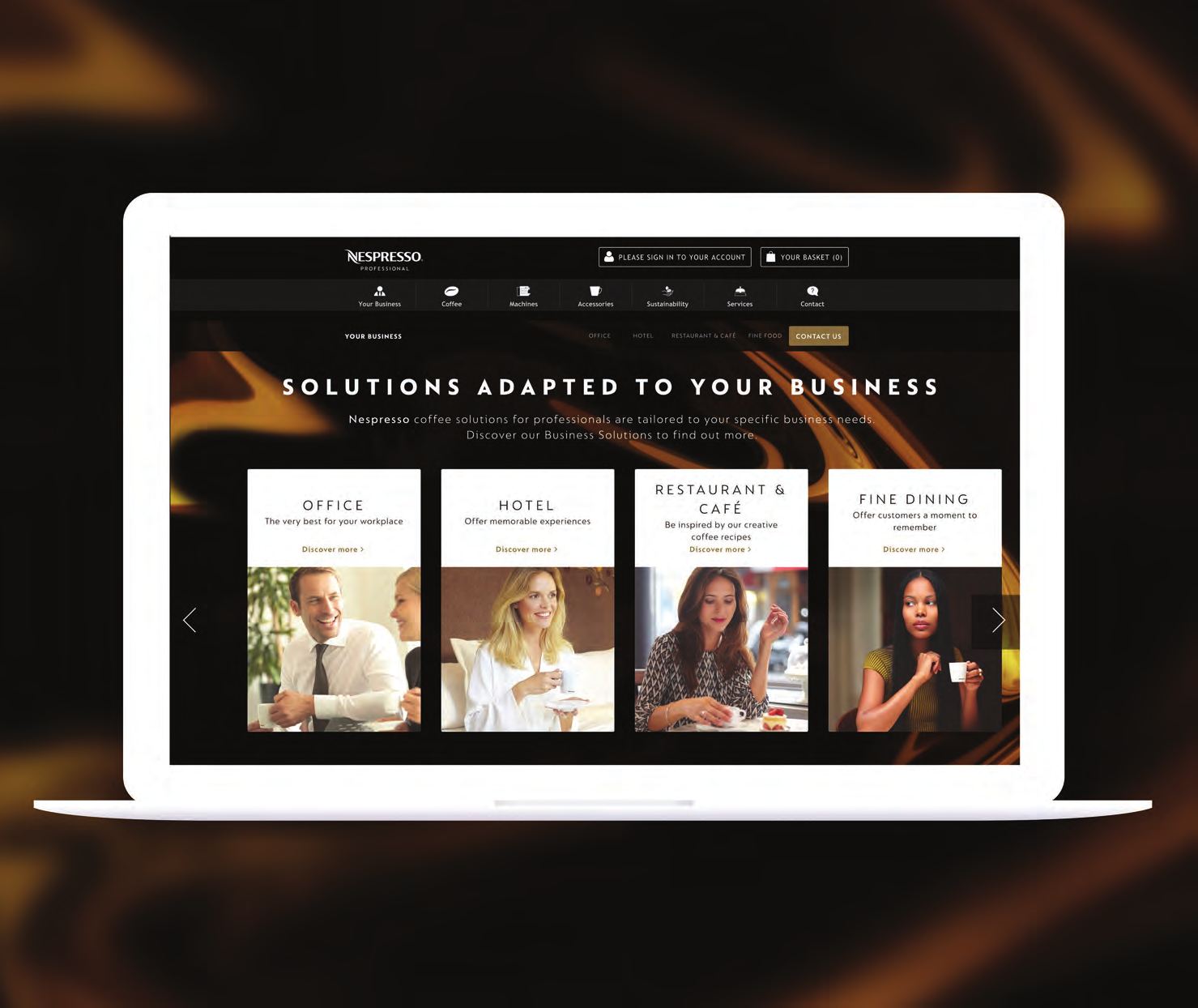 La page d’accueil Nespresso Professional, avec ses quatre types d’établissement : bureau, hôtel, restaurant et café, gastronomie.